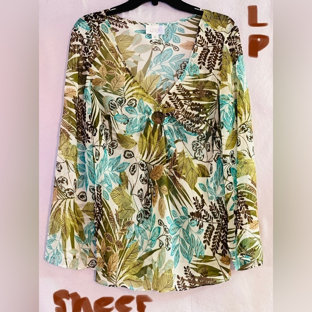 LADIES WHITE SHEER TOP WITH BROWN, BLUE & GREEN DESIGNS